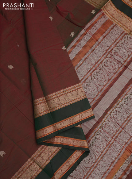 Kanchi cotton saree dual shade of maroon and green with thread woven buttas and rettapet thread woven border
