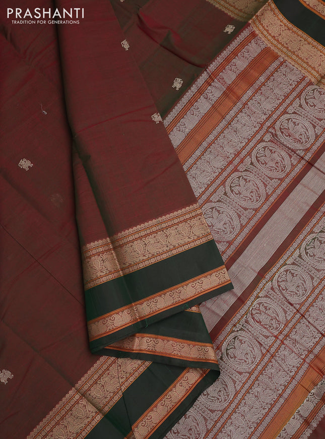 Kanchi cotton saree dual shade of maroon and green with thread woven buttas and rettapet thread woven border