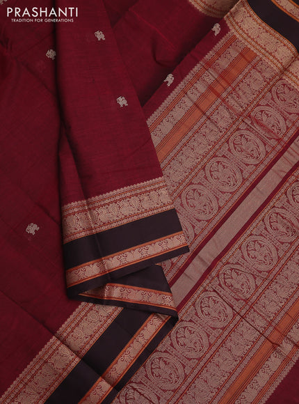 Kanchi cotton saree maroon and brown with thread woven buttas and rettapet thread woven border