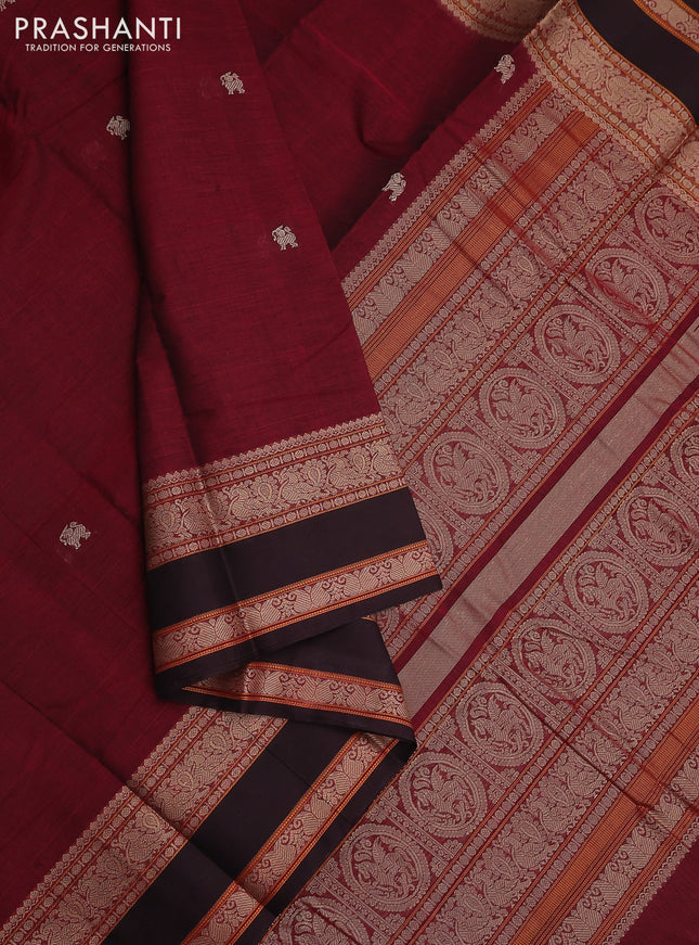 Kanchi cotton saree maroon and brown with thread woven buttas and rettapet thread woven border