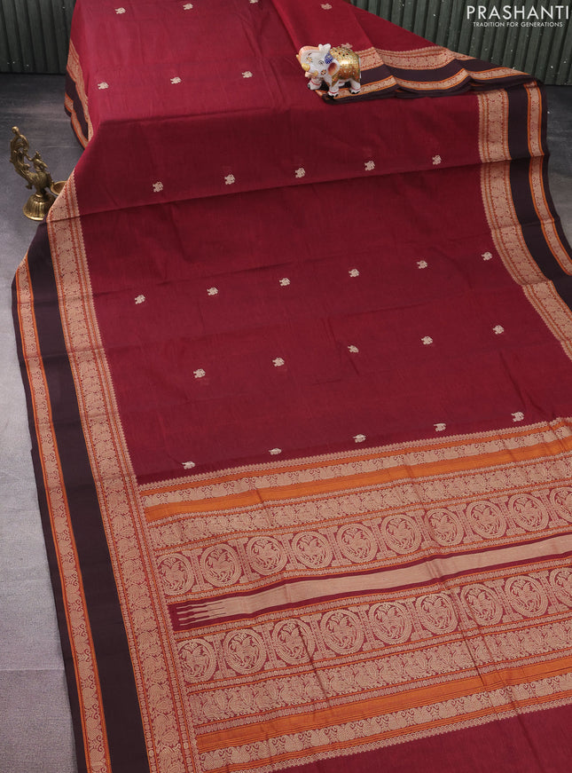 Kanchi cotton saree maroon and brown with thread woven buttas and rettapet thread woven border