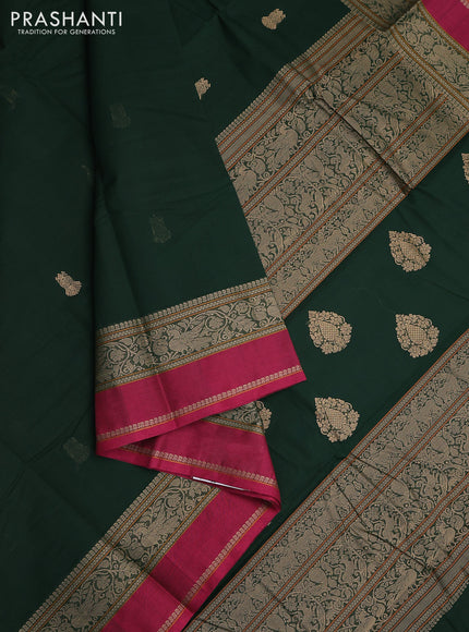 Kanchi cotton saree green and dark pink with thread woven buttas and rettapet thread woven border