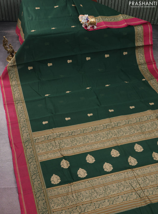 Kanchi cotton saree green and dark pink with thread woven buttas and rettapet thread woven border