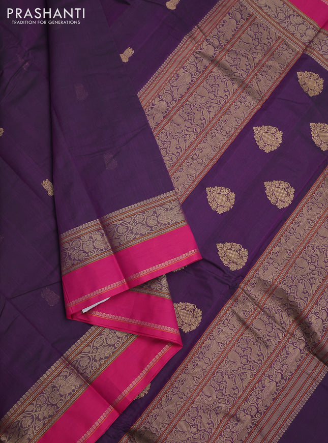 Kanchi cotton saree dual shade of purple and pink with plain body and thread woven border