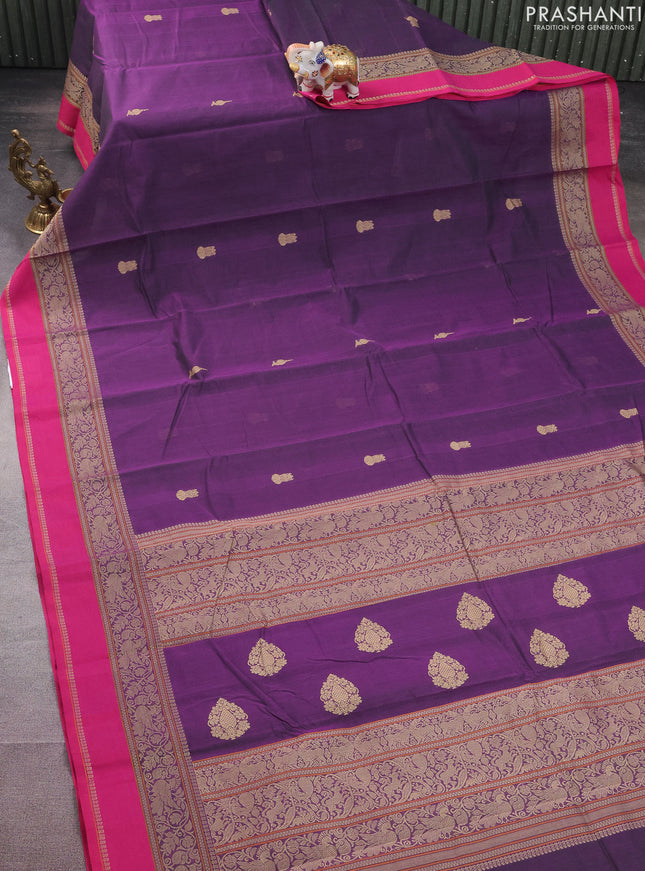 Kanchi cotton saree dual shade of purple and pink with plain body and thread woven border