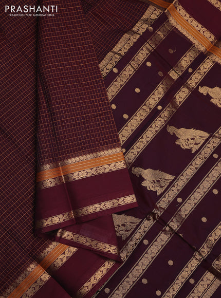 Kanchi cotton saree deep maroon with allover thread checked pattern & lakshadeepam weaves and rettapet zari woven border