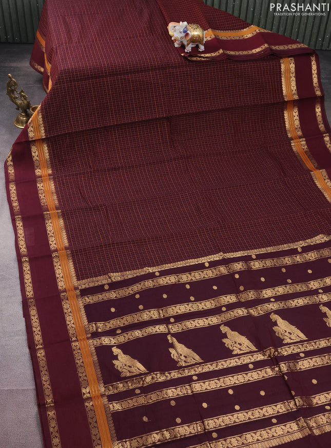 Kanchi cotton saree deep maroon with allover thread checked pattern & lakshadeepam weaves and rettapet zari woven border
