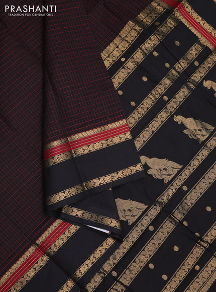 Kanchi cotton saree black with allover thread checked pattern & lakshadeepam weaves and rettapet zari woven border