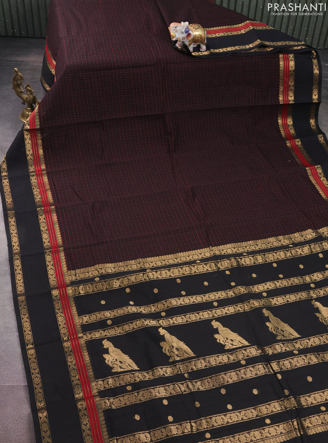 Kanchi cotton saree black with allover thread checked pattern & lakshadeepam weaves and rettapet zari woven border