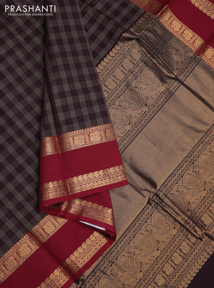 Kanchi cotton saree deep jamun and maroon with allover thread checked pattern and rettapet zari woven border