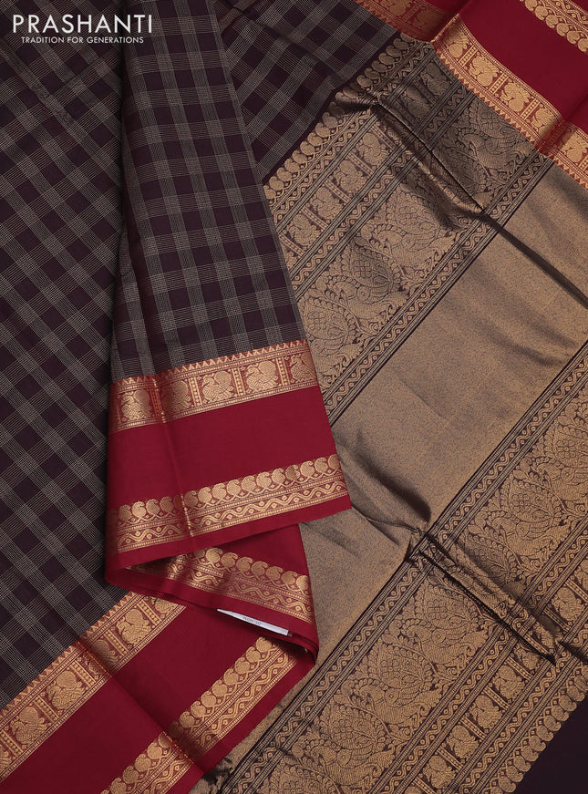Kanchi cotton saree deep jamun and maroon with allover thread checked pattern and rettapet zari woven border