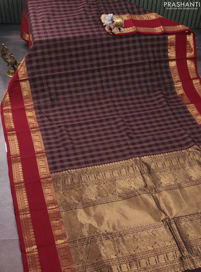 Kanchi cotton saree deep jamun and maroon with allover thread checked pattern and rettapet zari woven border