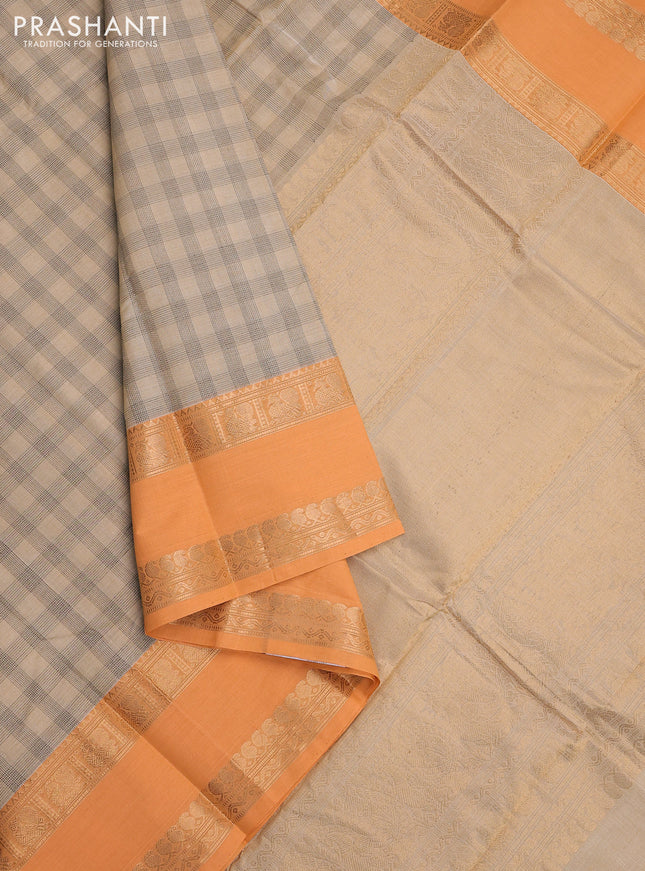 Kanchi cotton saree beige and peach orange with allover thread checked pattern and rettapet zari woven border