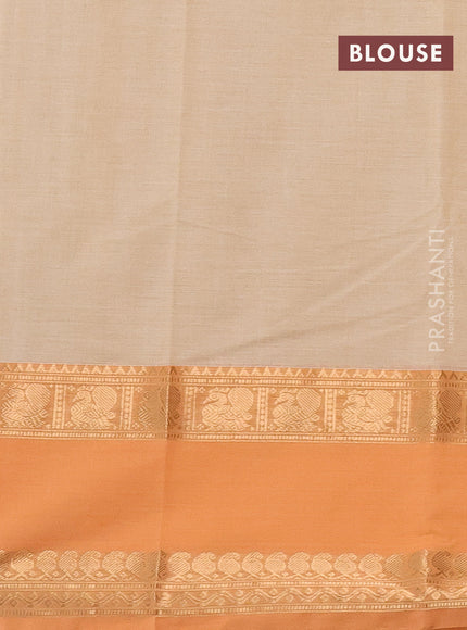 Kanchi cotton saree beige and peach orange with allover thread checked pattern and rettapet zari woven border