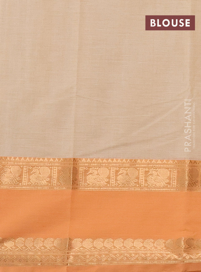 Kanchi cotton saree beige and peach orange with allover thread checked pattern and rettapet zari woven border