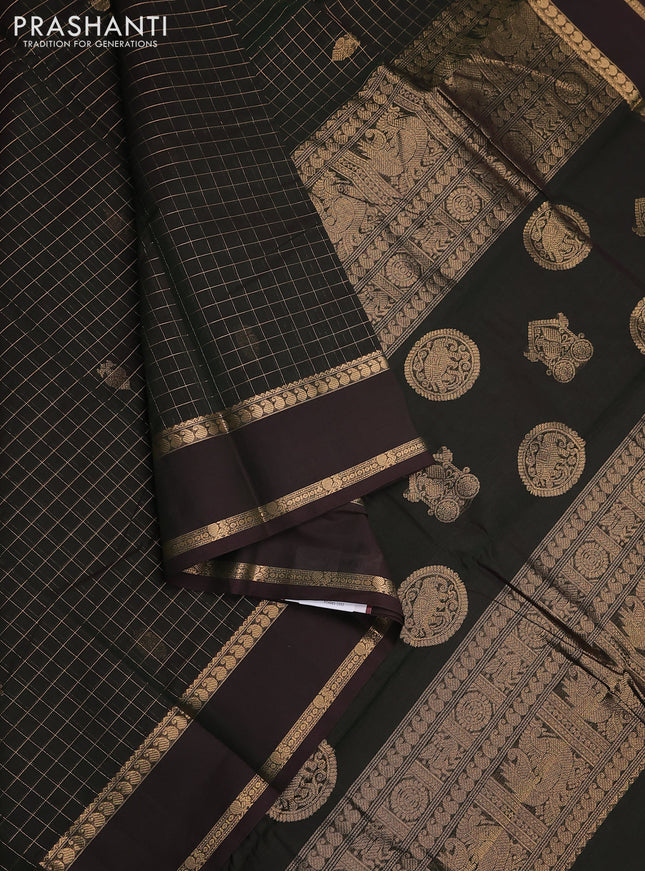 Kanchi cotton saree dual shade of green with allover zari checked pattern & buttas and rettapet zari woven border