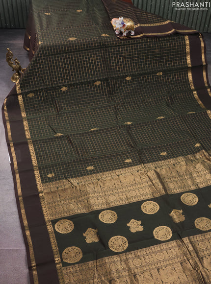 Kanchi cotton saree dual shade of green with allover zari checked pattern & buttas and rettapet zari woven border