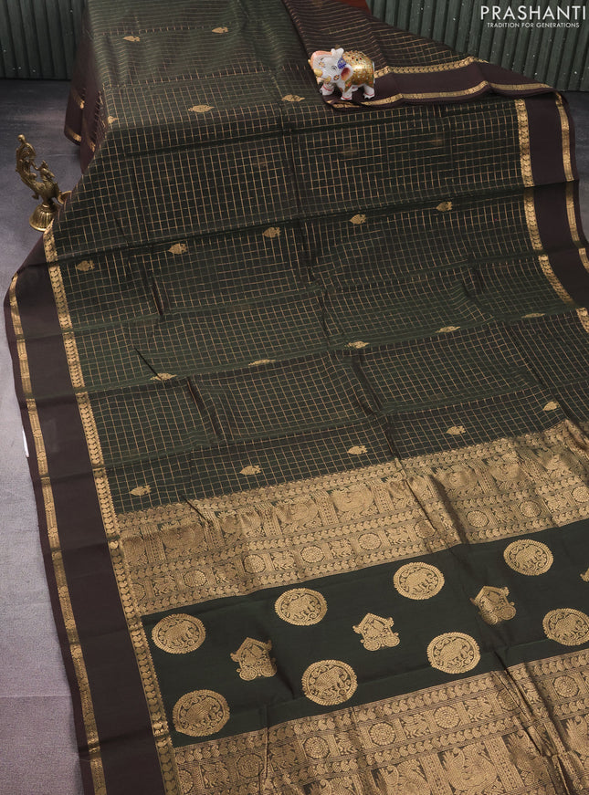 Kanchi cotton saree dual shade of green with allover zari checked pattern & buttas and rettapet zari woven border