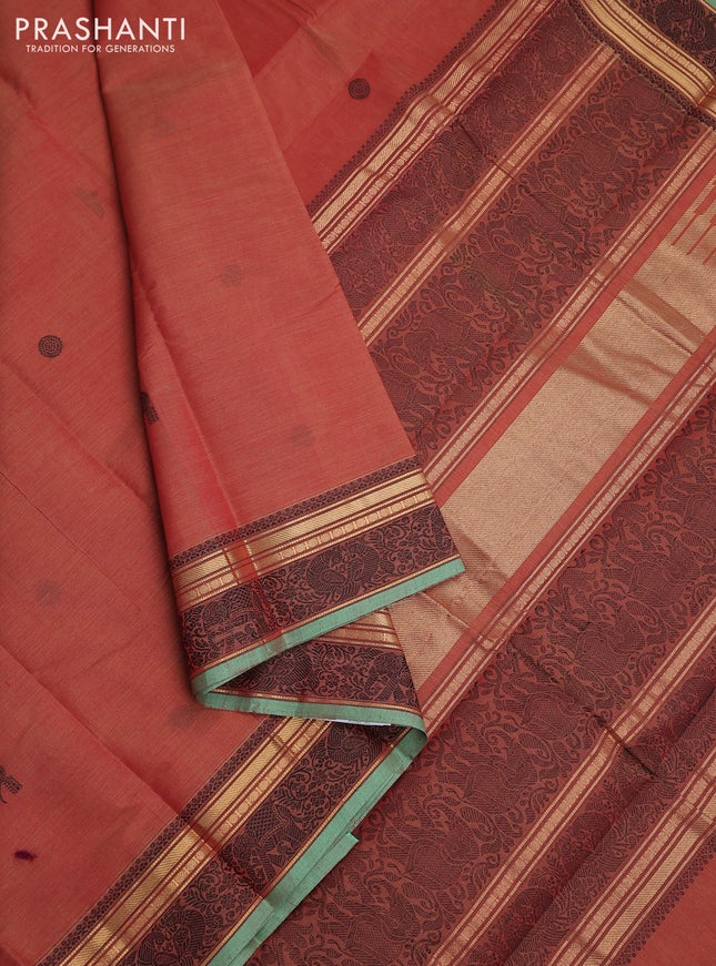 Kanchi cotton saree red shade and green shade with thread woven buttas and thread & zari woven border
