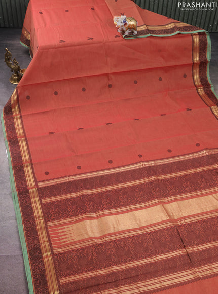 Kanchi cotton saree red shade and green shade with thread woven buttas and thread & zari woven border