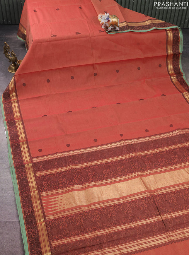 Kanchi cotton saree red shade and green shade with thread woven buttas and thread & zari woven border
