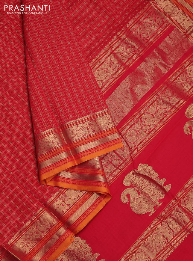Kanchi cotton saree red and orange with allover zari checked pattern & buttas and annam zari woven border