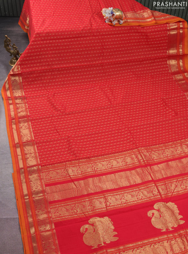 Kanchi cotton saree red and orange with allover zari checked pattern & buttas and annam zari woven border