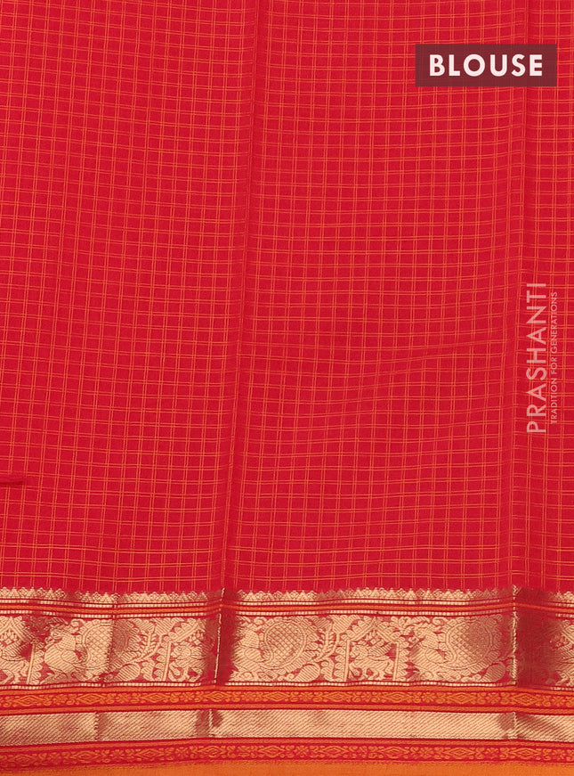Kanchi cotton saree red and orange with allover zari checked pattern & buttas and annam zari woven border