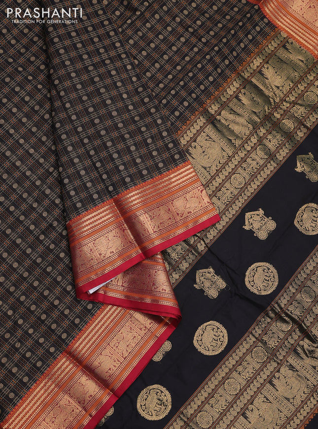 Kanchi cotton saree black and maroon with allover zari checked pattern & buttas and annam zari woven border