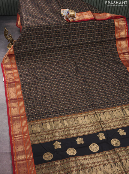 Kanchi cotton saree black and maroon with allover zari checked pattern & buttas and annam zari woven border