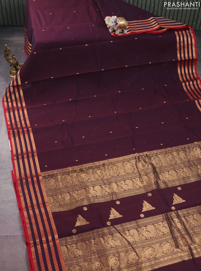 Kanchi cotton saree wine shade and maroon with zari woven buttas and zari woven border