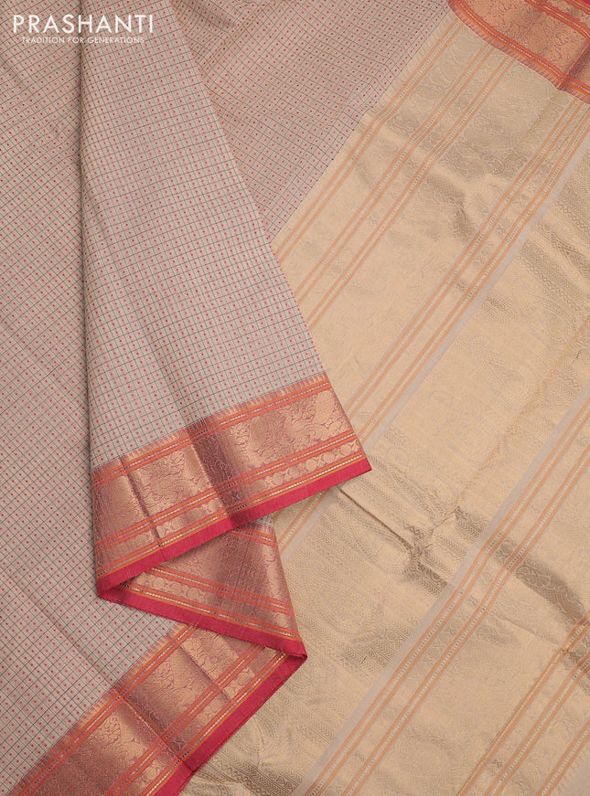 Kanchi cotton saree cream and red with allover checked pattern & lakshadeepam weaves and zari woven border