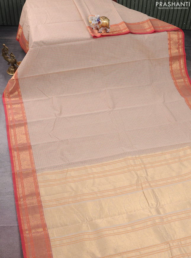 Kanchi cotton saree cream and red with allover checked pattern & lakshadeepam weaves and zari woven border