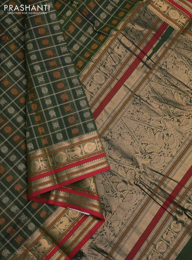 Kanchi cotton saree green and maroon with allover zari checked pattern & buttas and zari woven border