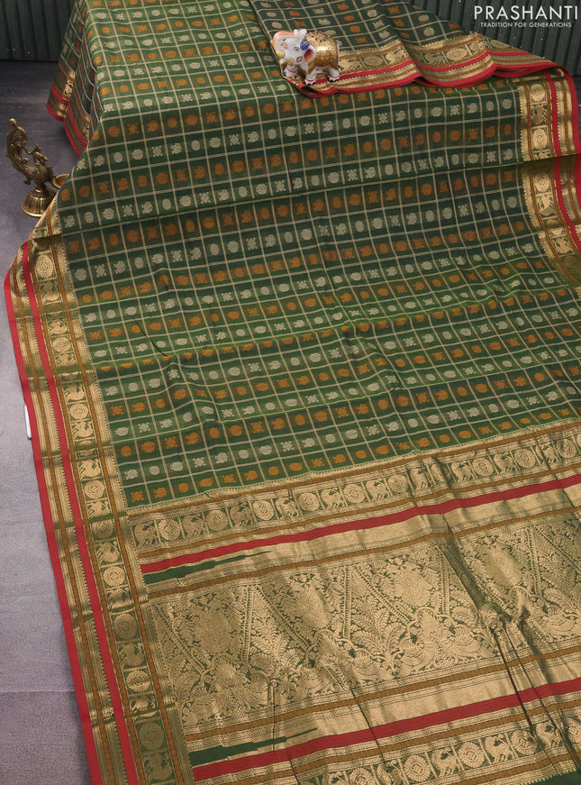 Kanchi cotton saree green and maroon with allover zari checked pattern & buttas and zari woven border