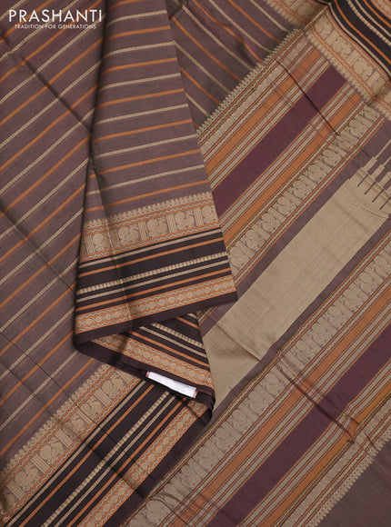 Kanchi cotton saree dual shade of greenish brown with allover thread woven stripes pattern and thread woven border