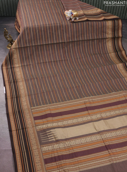 Kanchi cotton saree dual shade of greenish brown with allover thread woven stripes pattern and thread woven border