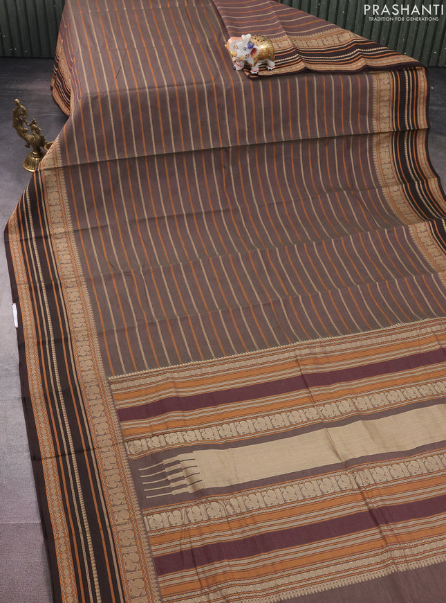 Kanchi cotton saree dual shade of greenish brown with allover thread woven stripes pattern and thread woven border