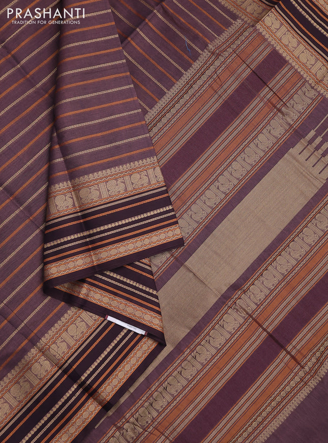 Kanchi cotton saree rosy brown with allover thread woven stripes pattern and thread woven border