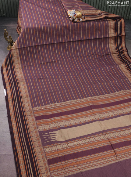 Kanchi cotton saree rosy brown with allover thread woven stripes pattern and thread woven border