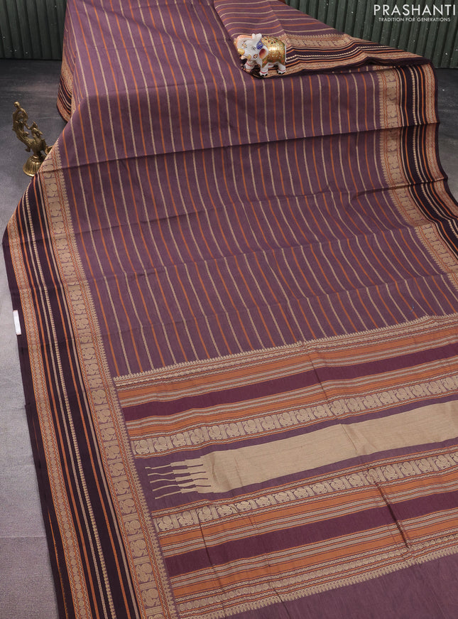 Kanchi cotton saree rosy brown with allover thread woven stripes pattern and thread woven border