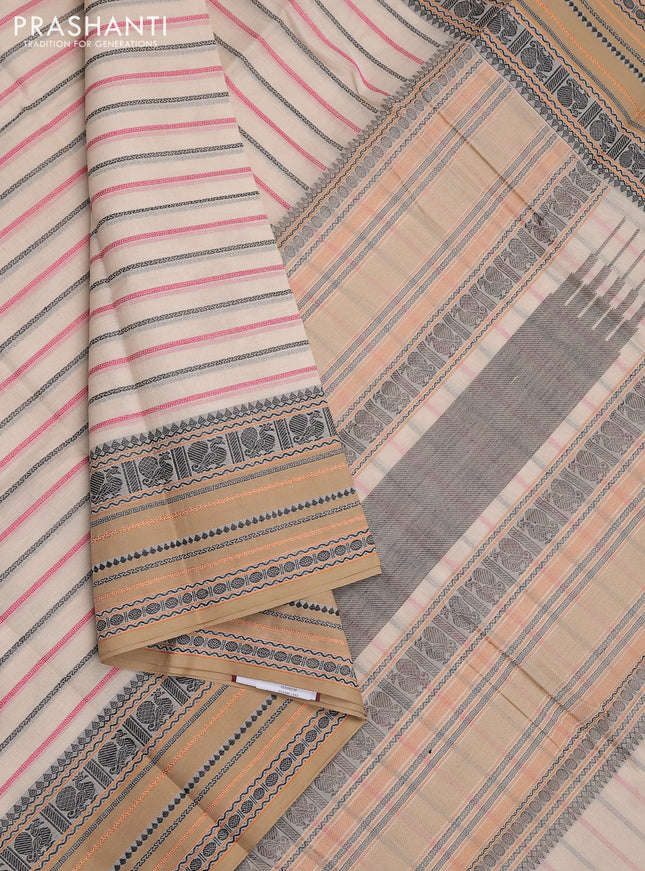 Kanchi cotton saree beige and dark sandal with allover thread woven stripes pattern and temple design zari woven border
