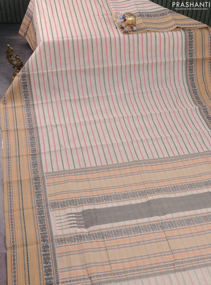 Kanchi cotton saree beige and dark sandal with allover thread woven stripes pattern and temple design zari woven border