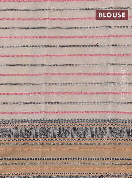 Kanchi cotton saree beige and dark sandal with allover thread woven stripes pattern and temple design zari woven border
