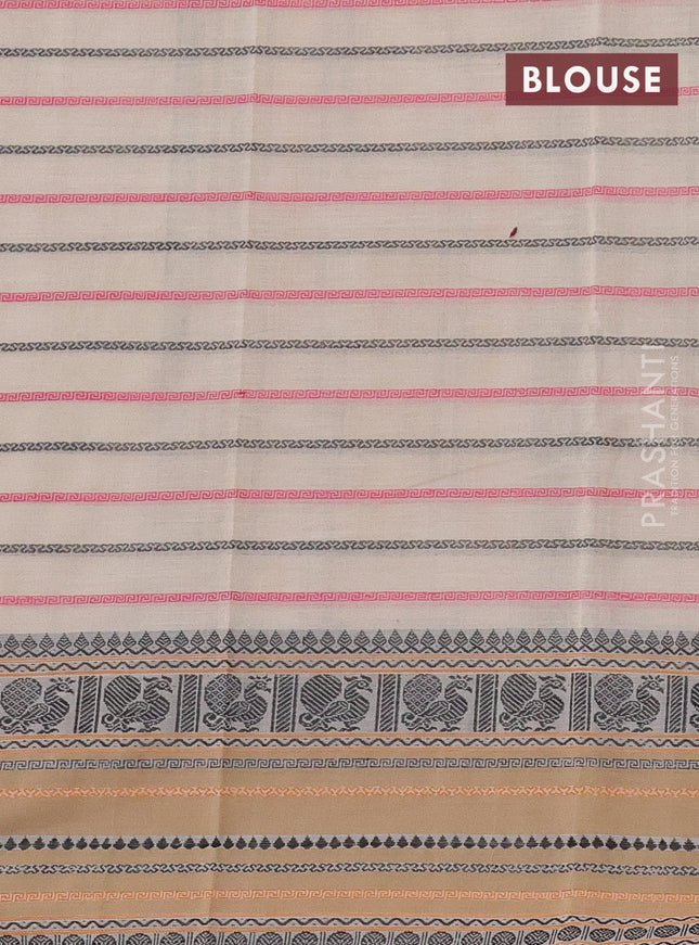 Kanchi cotton saree beige and dark sandal with allover thread woven stripes pattern and temple design zari woven border