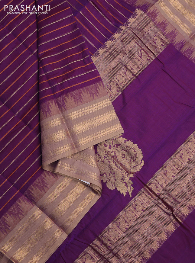 Kanchi cotton saree purple and beige with allover thread woven stripes pattern and temple design zari woven border