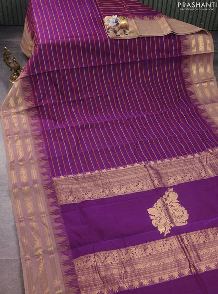 Kanchi cotton saree purple and beige with allover thread woven stripes pattern and temple design zari woven border