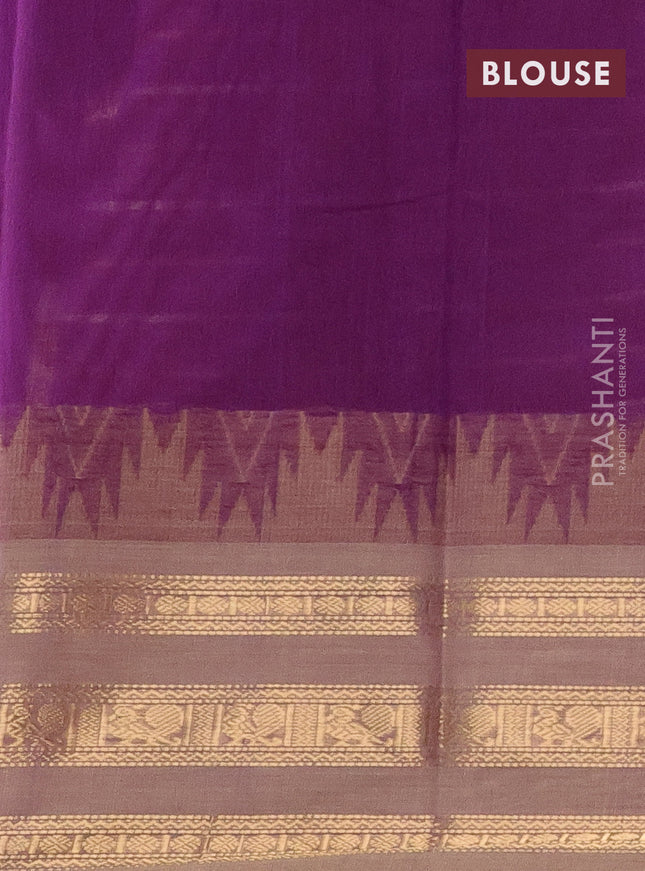 Kanchi cotton saree purple and beige with allover thread woven stripes pattern and temple design zari woven border
