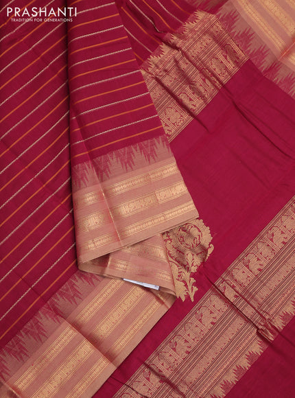 Kanchi cotton saree dark pink and beige with allover thread woven stripes pattern and temple design zari woven border