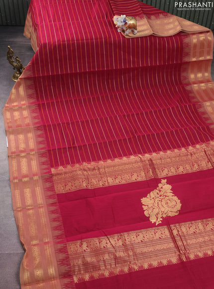 Kanchi cotton saree dark pink and beige with allover thread woven stripes pattern and temple design zari woven border
